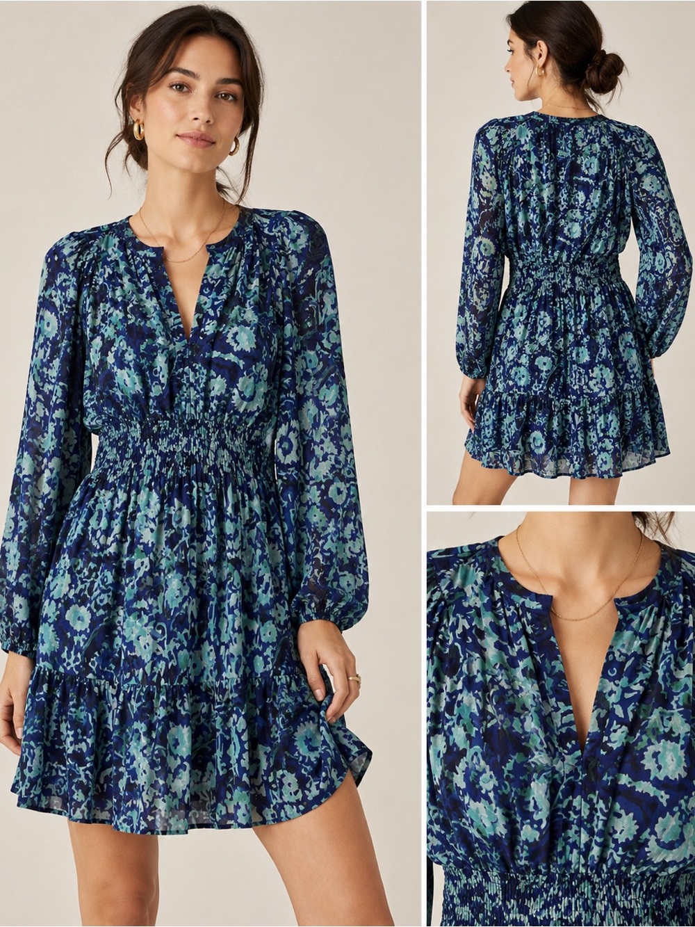 Anthropologie Navy and Teal Floral Smocked Mini Dress Size Medium